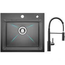 Cecipa - vier Inox Noir Évier 1 Bac 50 × 45 cm Évier de Cuisine + Mitigeur de Cuisine à Ressort avec Douchette Extractible, Robinet Evier 2 Modes de