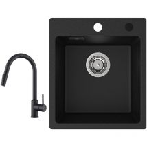 Cecipa - Evier Quartz Noir 40x45cm Evier de Cuisine en Granit Evier à Encastrer 1 Vasque + Mitigeur de Cuisine avec Douchette Extractible Rotatif à