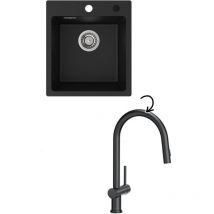 Cecipa Max - cecipa fregadero de granito fregadero de cocina 40x45cm negro + grifo de cocina de 42,5cm, grifo para fregadero extraíble negro