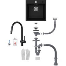 Cecipa Max - cecipa Granitspüle 4545cm Küchenspüle schwarz+42.5cm Küchenarmatur schwarz ausziehbarer Spülbeckenhahn