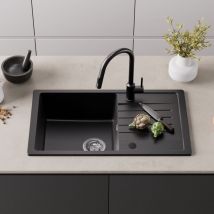 CECIPA Granitspüle Küchenspüle Granit Spülbecken 78x45, Links oder Rechts montierbar, Schwarz