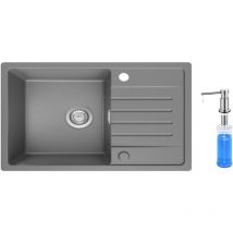 Cecipa - Gris Evier 1 Bac avec Egouttoir, Evier en Quartz et Résine 78x45cm + 300ML Distributeur de Savon Brossé
