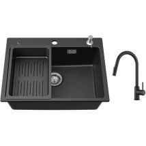Lavello 1 Vasca 60x45 Cm Con Cestello Di Scarico E Dispenser Per Sapone + Miscelatore Da Cucina Con Doccetta Estraibile Girevole A 360° Nero - Cecipa