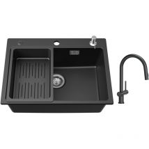 Cecipa - Lavello 1 Vasca 60x45 cm con Cestello di Scarico e Dispenser per Sapone + Miscelatore da Cucina con Doccia Estraibile con 2 Tipi di Getti