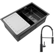 Cecipa - Lavello Cucina 1 Vasca 70×44 cm con Gocciolatoio e Vaschetta Lavello Incasso Inox Nero + Miscelatore Cucina Spring con Doccetta Estraibile,