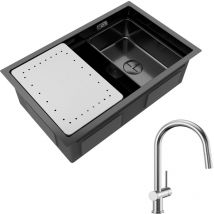 Cecipa - Lavello Cucina 1 Vasca Nera con Gocciolatoio e Vasca Lavello Incasso 70×44×21CM + Miscelatore Cucina Acciaio Inox Spazzolato con Doccetta