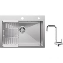 Cecipa - Lavello da cucina 1 vasca 60×45×18 cm Lavello da cucina in acciaio inox 304 spazzolato con cestello di scarico + rubinetto da cucina