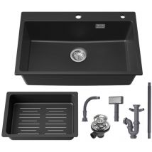 Cecipa Max - Granitspüle 70 × 45 cm Küchenspüle Granit mit Abtropfkorb, Aufsatz Spüle Küchenspülbecken, inkl. Siphon Ab- und Überlaufgarnitur