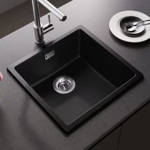 Cecipa Max - Lavello in Quarzo e Resina 45x44cm, Lavello a 1 Vasca in Granito Grigio Nero, Lavello da Cucina da Appoggio/Incasso/Sottotop