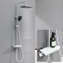 Lonheo Max - Sistema de ducha termostático, ducha de lluvia de acero inoxidable con ducha de mano de 3 funciones, ducha fija y repisa para baño,