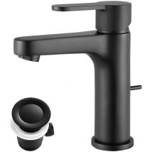 Rubinetto Lavabo Nero con barra di estrazione - set di scarico, rubinetto del bagno con 112 mm di altezza del becco, rubinetto del bagno a risparmio