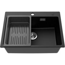 CECIPA Spülbecken Schwarz Granit 60 x 45 cm, Küchenspüle mit Siebkorb, Waschbecken Küche, Spüle Schwarz Granitspüle für 60cm breite Unterschränke mit