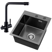Cecipa - vier Cuisine 1 Bac 40 × 45 cm Évier Inox Montage à Encastrer ou à Fleur de Plan, avec Siphon, Trop-Plein, Anthracite(Pas de Distributeur de