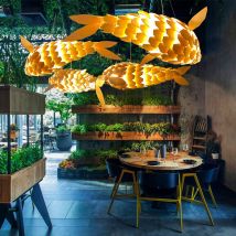 Unho - Large Fish Wooden Ceiling Chandelier Lamp Shade Bedroom Hanging Lantern Light Led Strips, 60cm