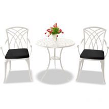 Centurion Supports OSHOWA Luxurious Garden & Patio Table & 2 Large Chairs with Armrests Cast Aluminium Bistro Set - White with Black Cushions