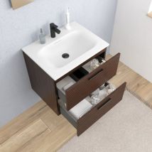 Ceramia - Juego completo de 60 cm: lavabo blanco mate + mueble certificado fsc de roble ( 4DW60-V)