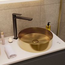 Timeless Lavabo A Colonna In Acciaio Inox, 38 X 38 X 11 Cm Senza Troppopieno + Scarico, Oro Spazzolato - Ceramia