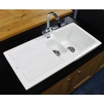 Ceramic 1.5 Bowl Kitchen Sink with Waste by Rak - White - 20 Year Guarantee