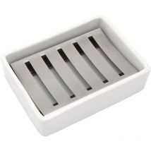 Ceramic and Stainless Steel Soap Dish with Drainer for Bathroom and Shower