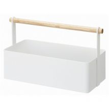 Yamazaki - Cesta de almacenamiento de metal blanco con asa de madera - L29 cm