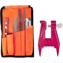 KZQ - Chainsaw Sharpening File Kit,Chainsaw Chain Sharpener with 3 Sizes Round File (5/32', 3/16', 7/32'), Flat File, Handle, Stump Vise,Filing Guide