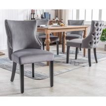 Chaise À 4 Pieds, Chaise De Salle À Manger En Velours Gris, Coutures Boutonnées, Cadre En Bois Massif, Gris- (ensemble, 4 Pièces)