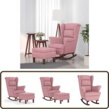 Chaise à bascule avec pieds en bois et tabouret Rose Velours - Fauteuil à Bascule - Chaise Relaxante - Chaise Lounge - Velours - Meuble Salon
