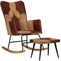 Chaise à bascule,Chaise de relaxation et repose-pieds Marron Cuir véritable et toile CFW71665