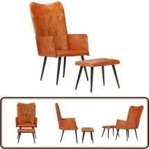 Chaise à oreilles avec repose-pied Brun roux Cuir véritable - Fauteuil Relax - Chaise Design - Chaise Cuir - Chaise Ergonomique - Mobilier Salon