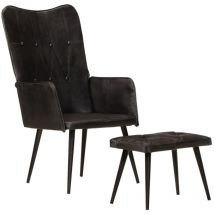 Torana - Chaise à oreilles avec repose-pied Noir Cuir véritable