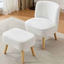Hauss Spole - Chaise avec tabouret, chaise rembourrée avec dossier, tissu Teddy, jambes en bois, blanc - 1 set