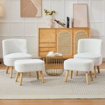 Hauss Spole - Chaise avec tabouret, chaise rembourrée avec dossier, tissu Teddy, jambes en bois, blanc - 2 set