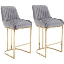 Chaise de Bar en Velours Chaise Bar Pied Doré Tabouret Bar Lot de 2 Tabouret de Bar avec Coussin Épais, Gris