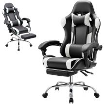 Joeais - Chaise de jeu ergonomique avec repose-pieds, appui-tête, coussin lombaire de massage, inclinaison réglable sur le dossier, Blanc