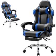 Joeais - Chaise de jeu ergonomique avec repose-pieds, appui-tête, coussin lombaire de massage, inclinaison réglable sur le dossier, Bleu