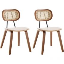 Chaises de Salle à Manger Moderne Lot de 2 Chaise Salle a Manger Bois et Métal avec Dossier Rotin Chaise de Cuisine Pied Bois Massif, Beige