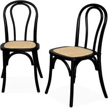 Sweeek - Lot de deux chaises vintage en bois avec assise en rotin et dossier arrondi coloris noir