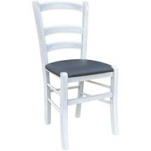 Chaise en bois de Venise blanc vieilli avec assise rembourrée de couleur anthracite