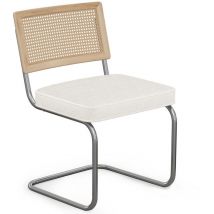 Privatefloor - Chaise de salle à manger avec accoudoirs En Bouclette Fausse Fourrure Tapissée - Boucles Blanches- bois et rotin - Birey Blanc