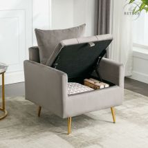 Chaise, Fauteuil, Ottoman avec Rangement, Coussin et Accoudoirs en Velours Minimaliste Moderne - Chaise Longue avec Pieds en Métal Doré, Gris - grey