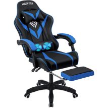Chaise Gaming avec Massage, Chaise Bureau Ergonomique avec Repose-Pied et Support Lombaire, Chaises de jeu - noir + bleu