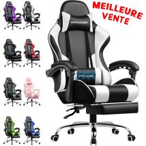 Luckracer - Chaise Gaming Ergonomique de Massage,avec Repose-Pieds et Accoudoirs Synchronisés Fauteuil Gamer Pivotant, en Cuir de pu (Blanc)