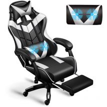 Chaise Gaming Massante Ergonomique avec Support Lombaire Massage, Appui-tête et Repose-pied, Hauteur Réglable Inclinable 90 °-135 °- Blanc
