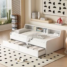 Hommoo - Lit gigogne Lit enfant 90 x 200 cm avec 2 tiroirs et rangement, blanc