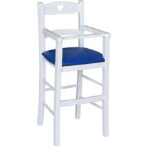 Chaise haute en bois blanc avec assise rembourrée en simili cuir bleu
