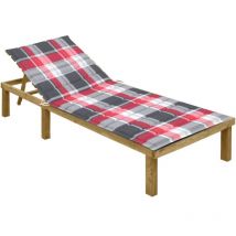 Chaise longue avec coussin carreaux rouge Bois de pin imprégné