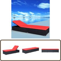 Chaise longue avec coussin Résine tressée Noir - Chaise Longue - Mobilier De Jardin - Transat - Résine Tressée - Chaise Lounge
