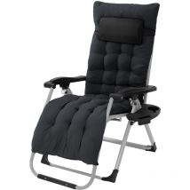 Hauki Chaise Longue Pliante Noire, avec Porte-Boisson, en Métal et Textile, Bain de Soleil Extra Large, Coussin de Tête/Dossier Réglables,