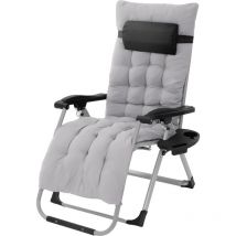 Hauki Chaise Longue Pliante Grise, avec Porte-Boisson, en Métal et Textile, Bain de Soleil Extra Large, Coussin de Tête/Dossier Réglables,