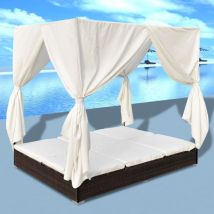 Chaise longue de jardin Bain de soleil Transat avec rideaux Résine tressée Marron 28237